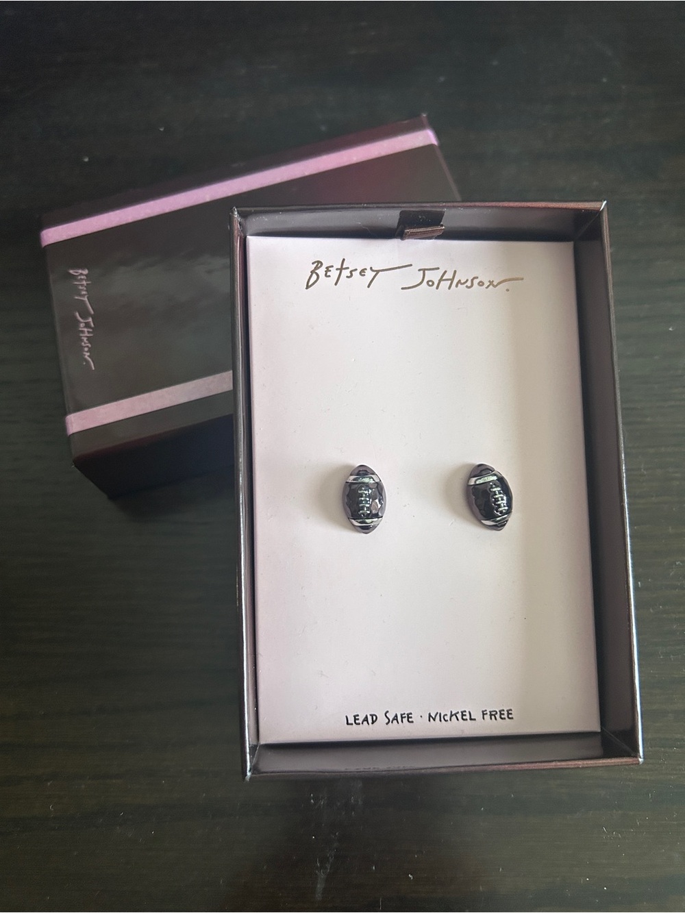Betsey Johnson Football Stud Earrings with Pink Accent Box